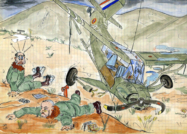 Caricatures au Pelotons avions de la 10e DP : 10 janvier 1959, à la suite d'une approche trop longue et par mauvais temps, le lieutenant LUMBROSO (à gauche) se crashe à Palestro. Alat.fr