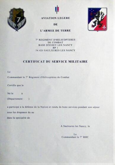Certificat du service militaire du 7e RHC Alat.fr