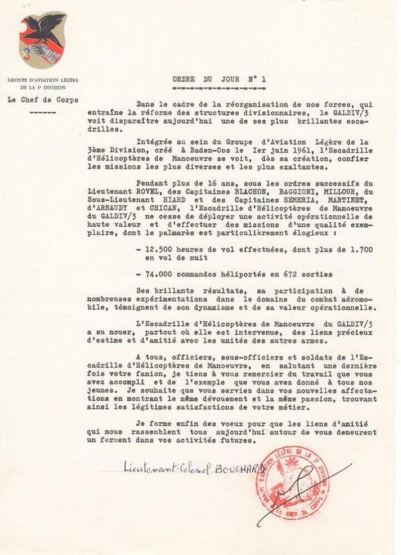 GALDIV 3 : ordre du jour de dissolution de l'escadrille HM. Alat.fr