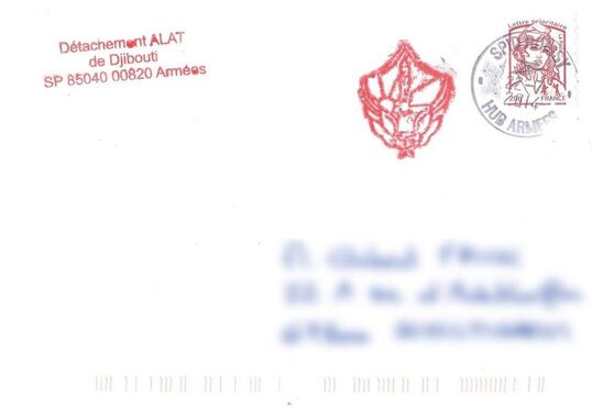 enveloppe du DETALAT de Djibouti du 22/07/2014, avec tampon de l'insigne du détachement Alat.fr