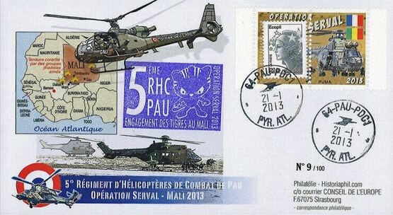 Enveloppe opération Serval, avec timbre PUMA du 21 janvier 2013 Alat.fr