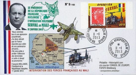 Enveloppe opération Serval, avec timbre GAZELLE du 11 janvier 2013 Alat.fr