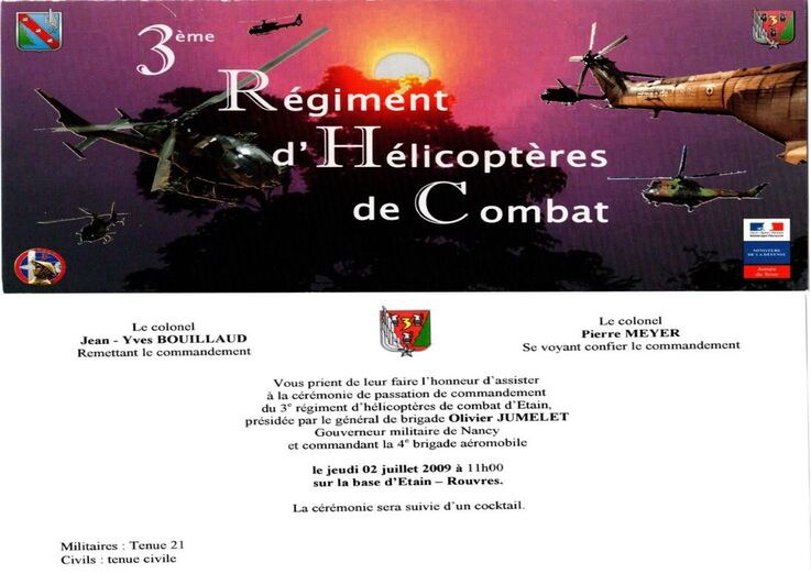 ​3e RHC : carton d'invitation à  la cérémonie de passation de commandement du 2 juillet 2009 Alat.fr