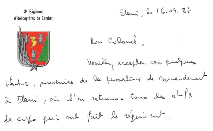 3e RHC : ​carte de visite du chef de corps en date du 16 septembre 1987 Alat.fr