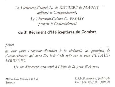 ​3e RHC : cartonsd'invitation à la cérémonie de passation de commandement du  6 août 1981 Alat.fr