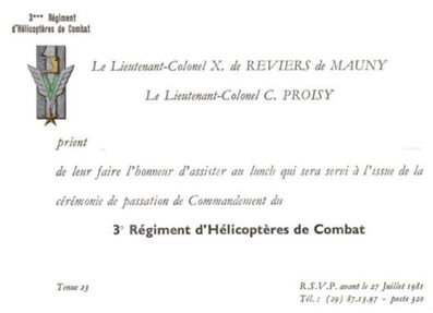 ​3e RHC : cartonsd'invitation à la cérémonie de passation de commandement du  6 août 1981 Alat.fr