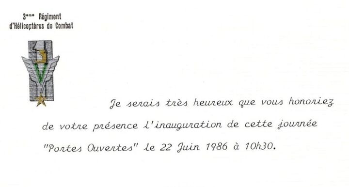 ​3e RHC : carton d'invitation à la JPO du 22 juin 1986 Alat.fr