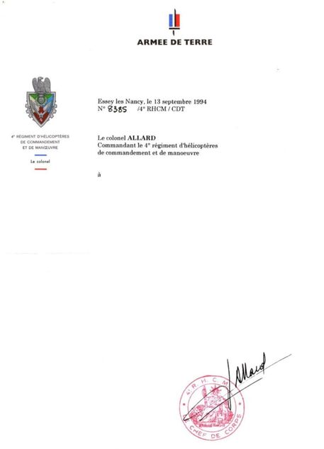 4e RHCM : papier à lettres du chef de corps du 13 septembre 1994 Alat.fr