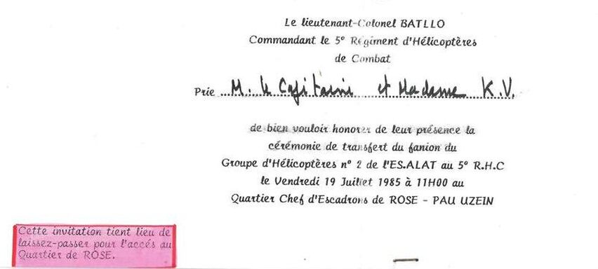 5e RHC : carton d'invitation à la cérémonie de transfert du fanion du GH n° 2 le 19 juillet 1985 Alat.fr