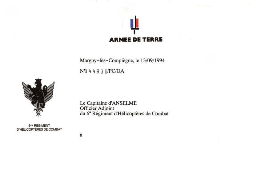 ​​6e RHC : papier à lettre de l'OSA, en date du 13 septembre 1994 Alat.fr
