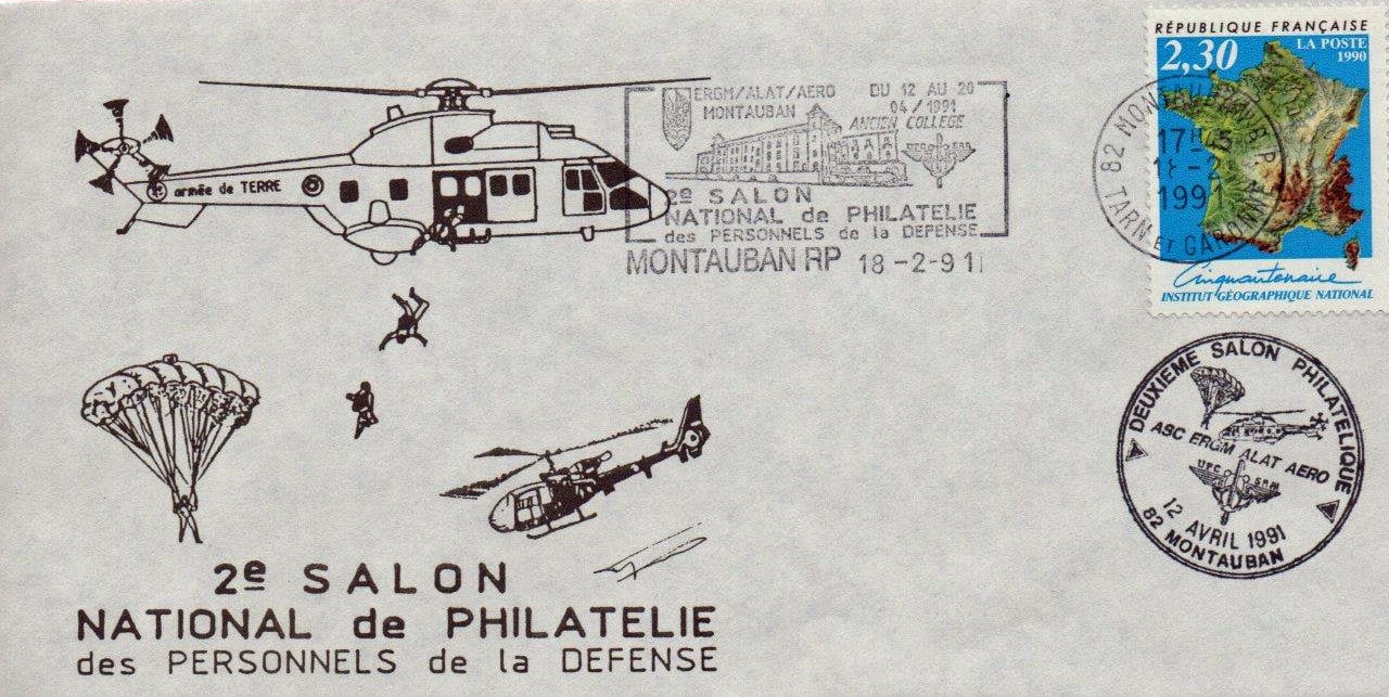 Enveloppe du 2e salon national de philatélie des personnels de la Défense à l'ERGM de Montauban, le 12 avril 1991 Alat.fr