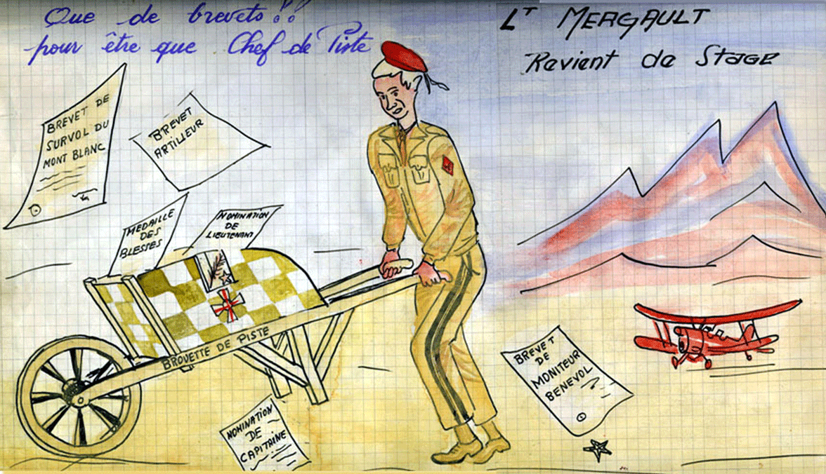 Caricatures au Pelotons avions de la 10e DP : le lieutenant MERGAULT rentre de stage, bardé de diplômes. Alat.fr