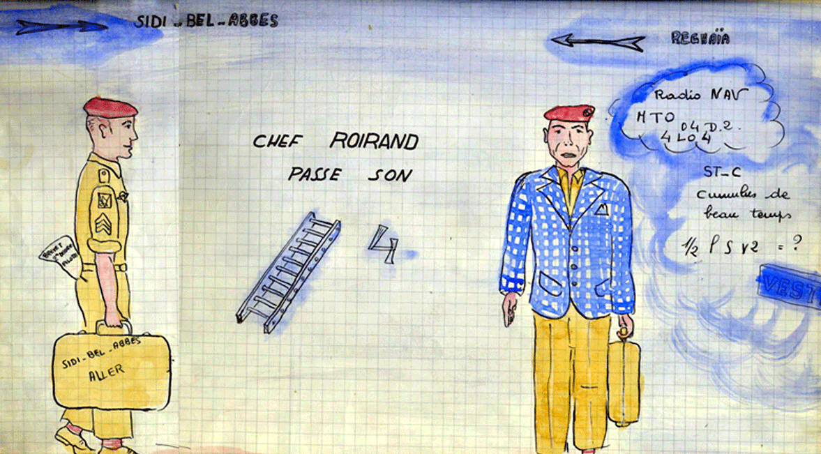 Caricatures au Pelotons avions de la 10e DP : départ du chef ROIRAND pour Sidi-bel-Abbès, où il va passer son échelle 4. Alat.fr
