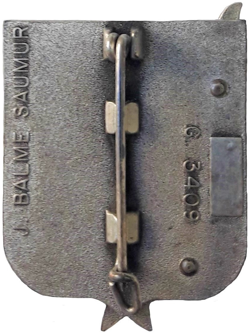 Dos insigne 3e RHC, type 2 : BALME, dos légèrement granuleux, plat et argenté, avec monture épingle à attache fixe. Cartouche pour numérotation. Alat.fr