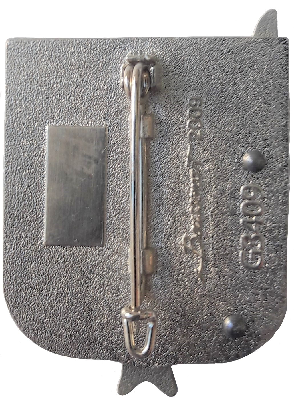 Dos insigne 3e RHC, type 2 : BOUSSEMART (2009) dos granuleux, plat et argenté, avec monture épingle à attache fixe. Cartouche pour numérotation. Alat.fr