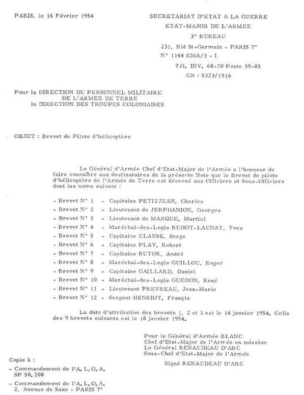 Note de service des 12 premiers brevets hélicoptères de l'ALAT. Alat.fr