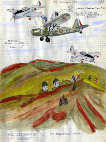 Caricatures au Pelotons avions de la 10e DP : le 29 novembre 1957, mission d'appui des troupes au sol avec le capitaine GERVAIS et le MDL DELAPORTE. Alat.fr