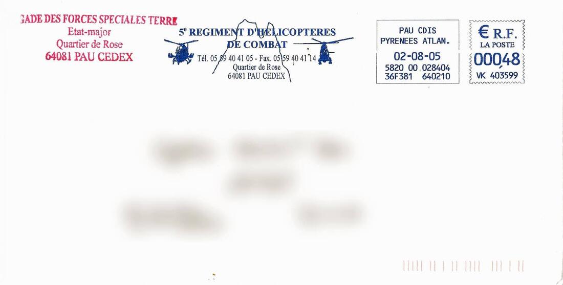 enveloppe avec tampon régimentaire du 5e RHC et de la brigade des forces spéciales Terre et cachet de la poste du 02/08/05