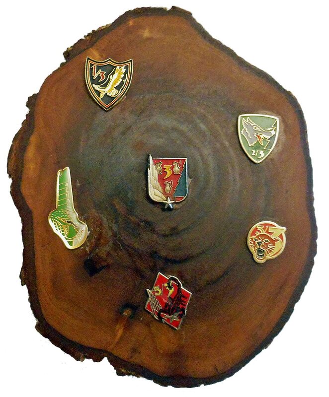 Plaquette avec pin's régimentaire du 3e RHC, entouré des pin's de la 2e EHRA, 3e EHAC, 5e EHA, 4e EHAC et 1ère EHAP Alat.fr