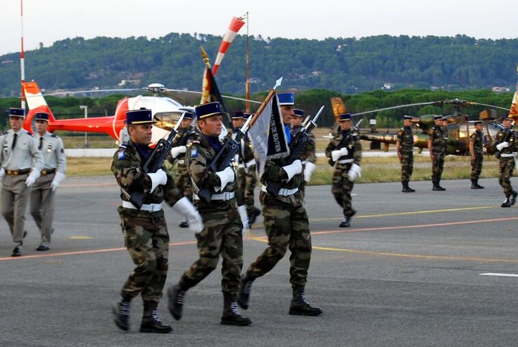 9e BSAM : ​le fanion du bataillon avec sa garde, le 7 octobre 2010 au Luc. Alat.fr