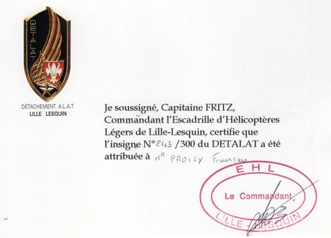 Carte certifiant le numéro de l'insigne de l'EHL du 6e RHC de Lille Alat.fr
