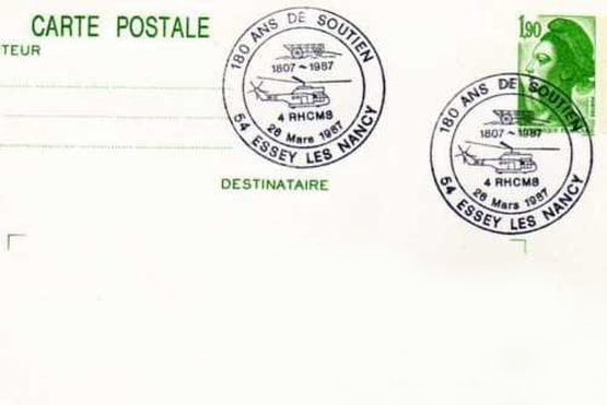​Carte postale du 4e RHCMS avec cachet 180 ans de soutien du 26/03/1987 Alat.fr