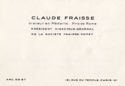 Carte de vite Claude FRAISSE, recto, au colonel PROISY, pour remise insigne 3e RHC, type 2, numéro 4. Alat.fr