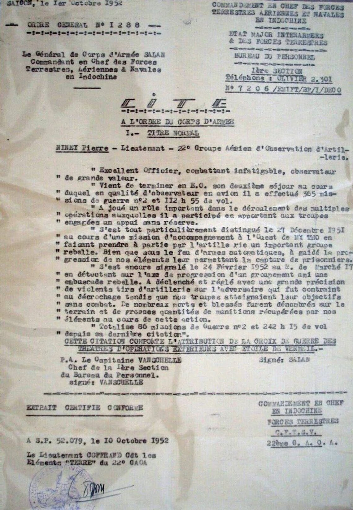 Citation du lieutenant Pierre NINEY du 22e GAOA ALat.fr