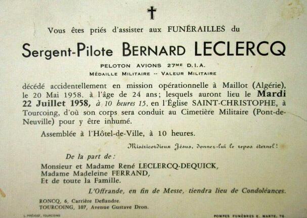 Avis d'obsèques du maréchal des logis Bernard LECLERCQ du PA 27e DIA Alat.fr