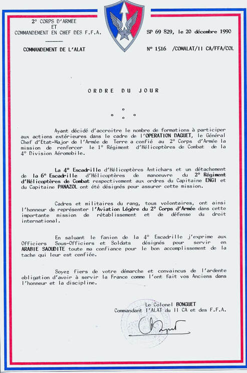 Ordre du jour concernant la désignation des escadrilles et des personnels pour l'opération DAGUET du 2e RHC Alat.fr
