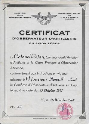 Certificat d'observateur d'artillerie du lieutenant Francis ROUX Alat.fr