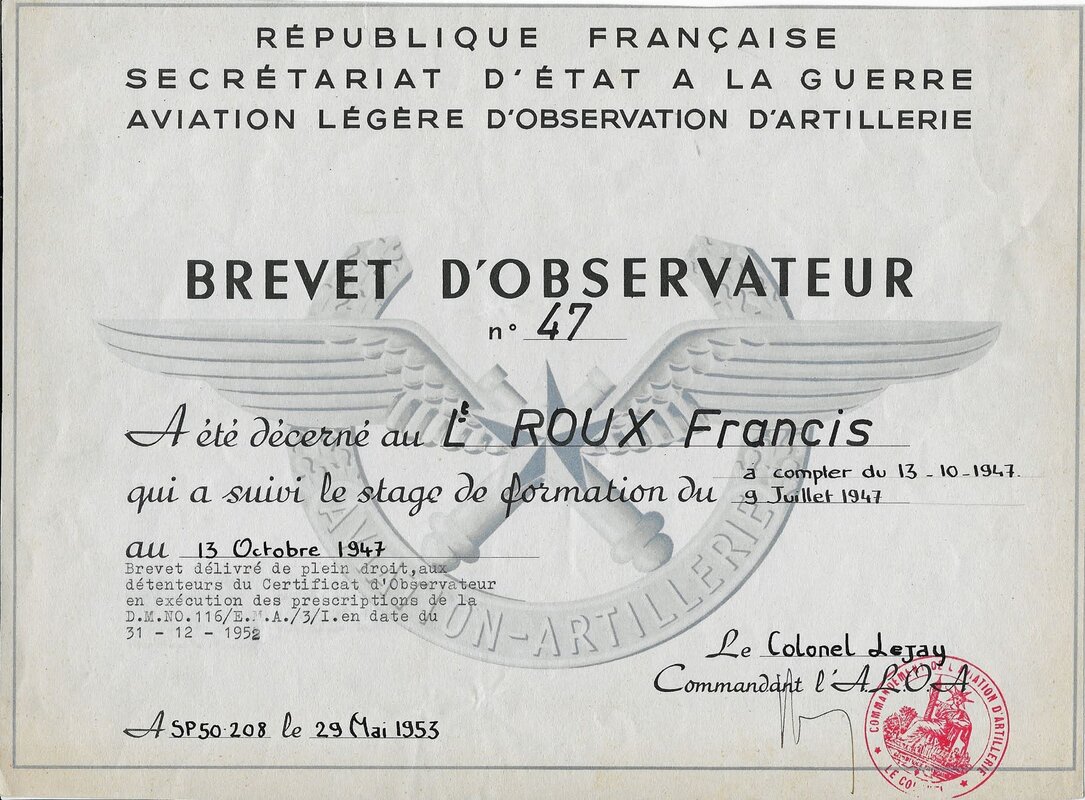 Brevet d'observateur du lieutenant Francis ROUX Alat.fr
