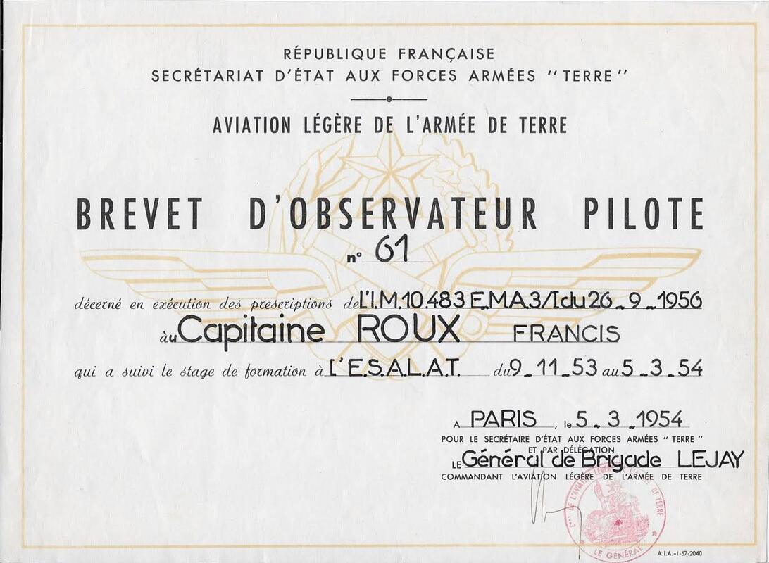 Brevet d'observateur pilote du capitaine Francis ROUX décerné le 05 mars 1963 Alat.fr