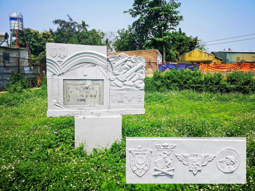Stèle implantée à Dien Bien Phu, sur laquelle figurent les insignes des 21e et 23e GAOA Alat.fr